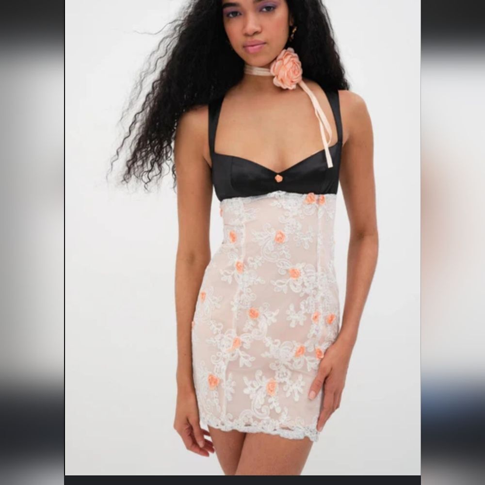 🌹 NWT $239 For Love and Lemons Tessa Mini Dress – Black and Pink Lace Sm